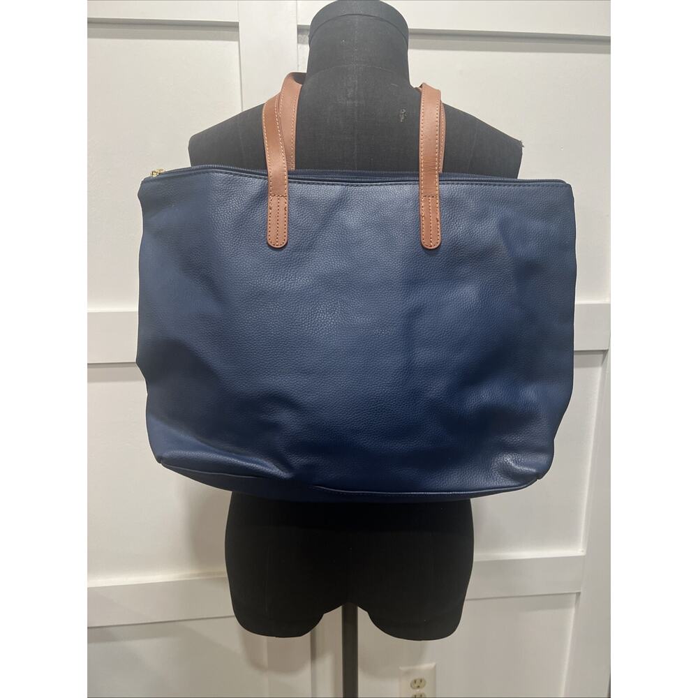 Joy Mangano Leather Tote Handbag L Blue Pebble Shopper Shoulder Market Bag Lined